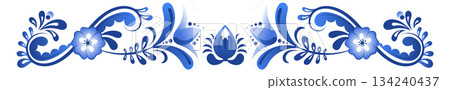 A blue and white floral border with a blue flower in the middle A blue and white floral border with a blue flower in the middle 134240437