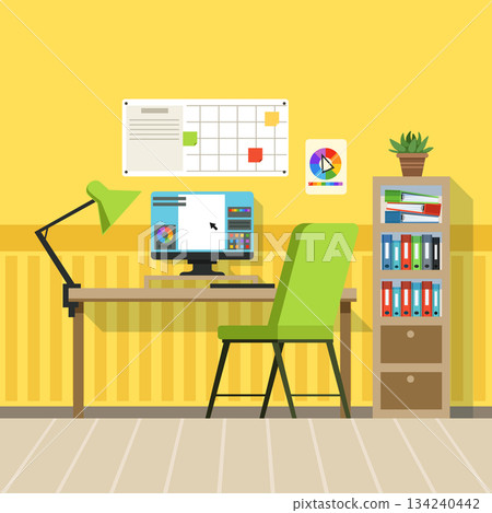 A computer desk with a green chair and a computer monitor A computer desk with a green chair and a computer monitor 134240442