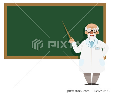 A man in a white lab coat stands in front of a green chalkboard with a pointer A man in a white lab coat stands in front of a green chalkboard with a pointer 134240449