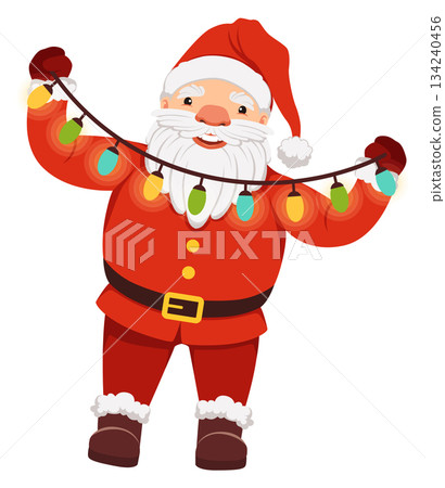 A cartoonish Santa Claus holding a string of Christmas lights A cartoonish Santa Claus holding a string of Christmas lights 134240456