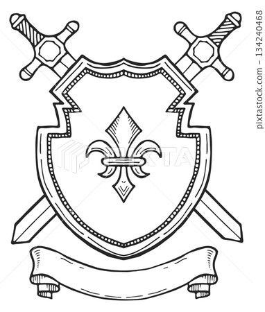 A shield with a sword and a fleur de lis on it 134240468