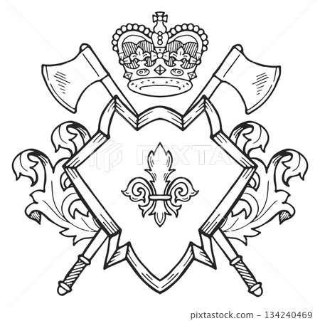 A black and white drawing of a shield with a crown and two axes on it 134240469