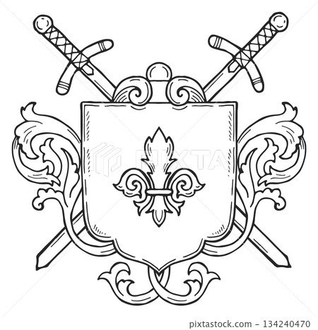 A shield with a sword and a fleur de lis on it 134240470