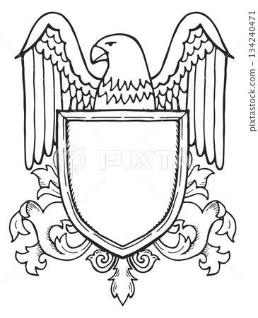 A black and white drawing of an eagle with a shield 134240471