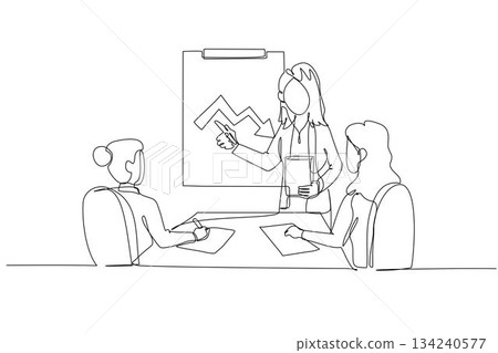 Single one line drawing three women in business meeting, with one presenting fluctuating arrow chart, discussion on market challenges and strategic planning. Continuous line design vector illustration Single one line drawing three women in business meeting, with one presenting fluctuating arrow chart, discussion on market challenges and strategic planning. Continuous line design vector illustration 134240577