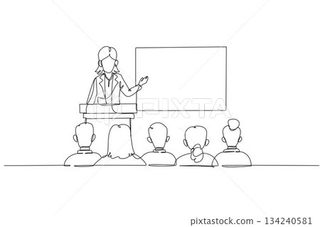 Continuous one line drawing female speaker at podium with microphone, presenting to audience of seated colleagues or attendees, business conference. Single line draw design vector graphic illustration 134240581