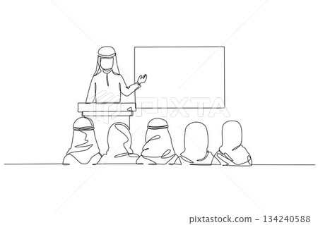Continuous one line drawing Arab male speaker wearing traditional attire, addressing audience, colleagues. Symbolizing business lecture or seminar. Single line draw design vector graphic illustration Continuous one line drawing Arab male speaker wearing traditional attire, addressing audience, colleagues. Symbolizing business lecture or seminar. Single line draw design vector graphic illustration 134240588