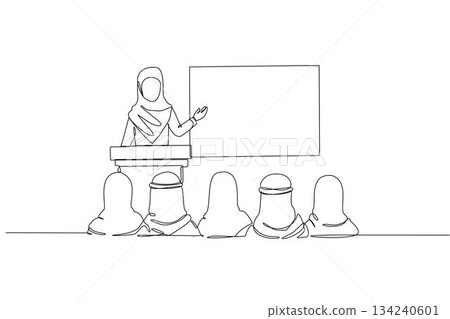 Single continuous line drawing Arab female speaker wearing hijab, addressing audience colleagues wearing traditional head coverings. Business lecture. One line draw graphic design vector illustration 134240601