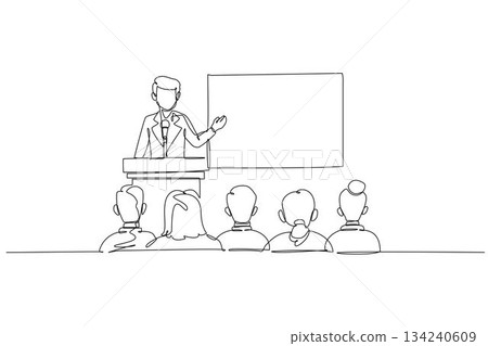 Single one line drawing male speaker at podium with a microphone, presenting to seated colleagues or attendees. Business conference or seminar. Continuous line draw design graphic vector illustration 134240609