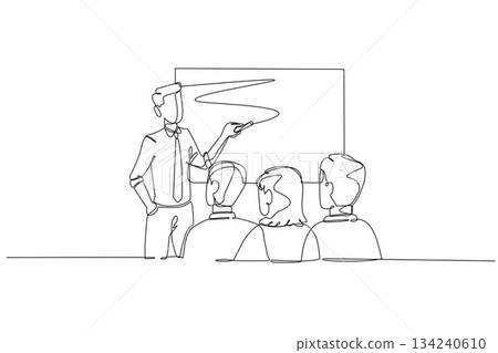 Single one line drawing male presenter explaining volatile finance chart to seated audience, symbolizing business meeting or training strategy. Continuous line draw design graphic vector illustration Single one line drawing male presenter explaining volatile finance chart to seated audience, symbolizing business meeting or training strategy. Continuous line draw design graphic vector illustration 134240610