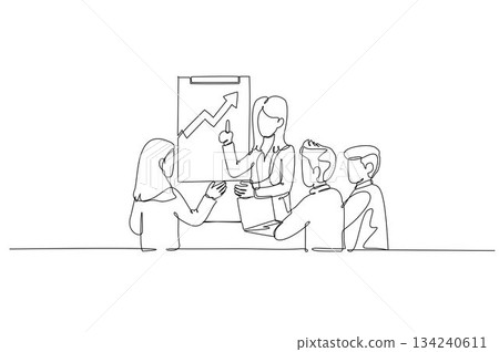 Single one line drawing four human colleagues, two men and two women on successful business presentation, pointing to an upward trending graph. Continuous line draw design graphic vector illustration 134240611