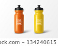 Vector 3d Realistic Sports Water Bottle Set, Isolated. Blank Plastic Cycling Water Bottle with Black Cap. Water Bottle Template. Vector Sport Bottle for Fitness, Gym, Branding, Packaging Design 134240615
