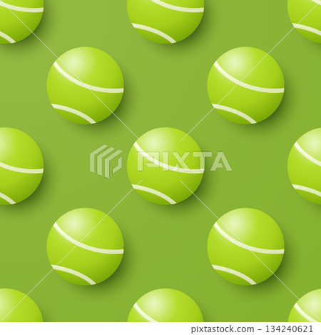 3d Tennis Ball Seamless Pattern, Vector Illustration. Green Vector Background with 3d Tennis Balls. Repeat Tile for Sports Design, Tennis Ball Pattern for Textile, Packaging, Gift Wrap, Fabric 134240621