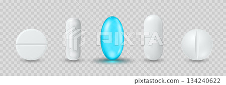Vector 3d Realistic Pills and Capsule Icon Set. Medicine Tablets, Pharmaceutical Pills Clipart. Vitamins and Supplements Design Template. Isolated Medical Capsules 134240622