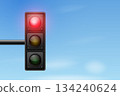 Red Traffic Light on Blue Sky, Vector Illustration. 3d Realistic Traffic Light Red Signal. Traffic Light Illustration, Stop Sign. City Street Background, Pedestrian Crossing and Driving Concept 134240624