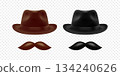 Vector 3d Realistic Hat and Mustache Set in Brown and Black. Vintage Gentleman Hat and Mustache for Barbershop, Retro Costume, Hipster Design. Hat and Mustache Illustration 134240626