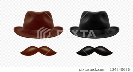 Vector 3d Realistic Hat and Mustache Set in Brown and Black. Vintage Gentleman Hat and Mustache for Barbershop, Retro Costume, Hipster Design. Hat and Mustache Illustration Vector 3d Realistic Hat and Mustache Set in Brown and Black. Vintage Gentleman Hat and Mustache for Barbershop, Retro Costume, Hipster Design. Hat and Mustache Illustration 134240626
