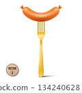 Vector 3d Sausage on Fork, Isolated. Grilled Sausage with Metal Fork. Hot Dog Sausage Food Icon for Menu, Cafe, BBQ, Street Food, Butcher Shop, Oktoberfest, Packaging, Label, Recipe, Cooking 134240628
