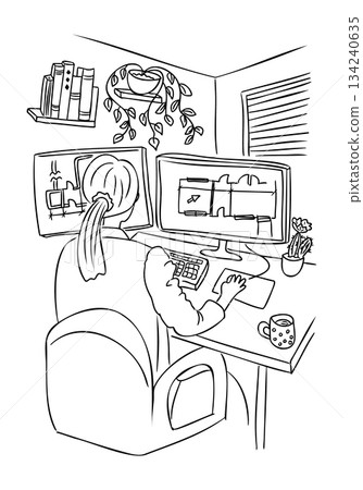 Hand drawn architect working at desk with computer screens showing floor plan and technical drawing in home office interior. This illustration represents architectural design workflow 134240635