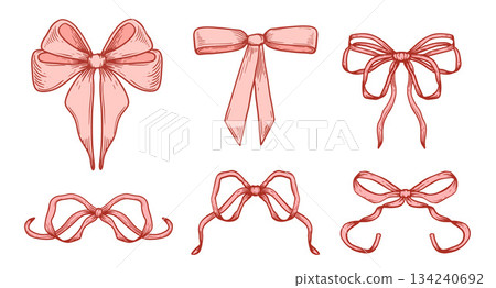 Whimsical bow and ribbon vector illustration for a cute gift or invitation. This pink and red graphic with a hand-drawn knot Whimsical bow and ribbon vector illustration for a cute gift or invitation. This pink and red graphic with a hand-drawn knot 134240692