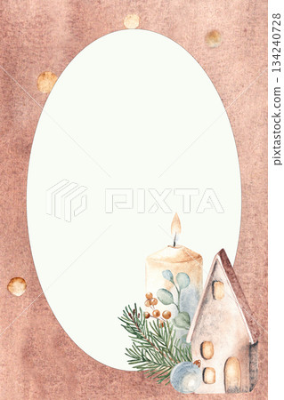 Watercolor Christmas illustration with candle, cozy ceramic house, lantern and fir branch. Warm winter holiday frame with copy space for greeting card, invitation, poster or seasonal design. Watercolor Christmas illustration with candle, cozy ceramic house, lantern and fir branch. Warm winter holiday frame with copy space for greeting card, invitation, poster or seasonal design. 134240728