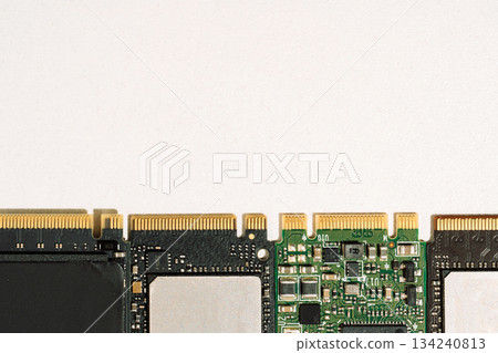 M.2 SSD boards edge row on white background, technology upgrade concept 134240813