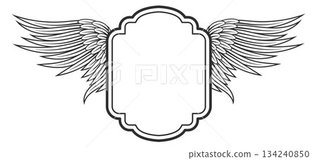 A white background with a black and white image of a winged frame A white background with a black and white image of a winged frame 134240850