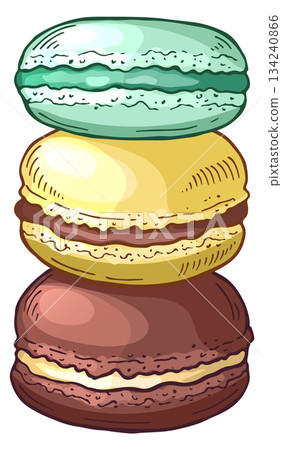 Three macarons stacked on top of each other, with one being yellow Three macarons stacked on top of each other, with one being yellow 134240866