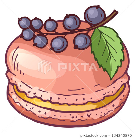 A pink pastry with blueberries and a leaf on top 134240870