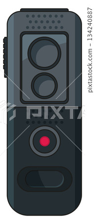 A black and white image of a remote control with a red button A black and white image of a remote control with a red button 134240887