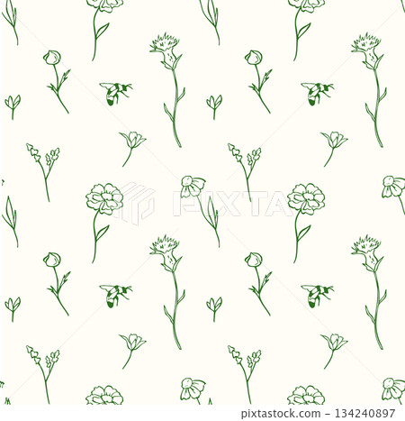 Seamless floral pattern with outline green doodles Seamless floral pattern with outline green doodles 134240897