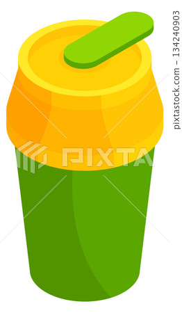 A green and yellow container with a green lid and a green straw A green and yellow container with a green lid and a green straw 134240903