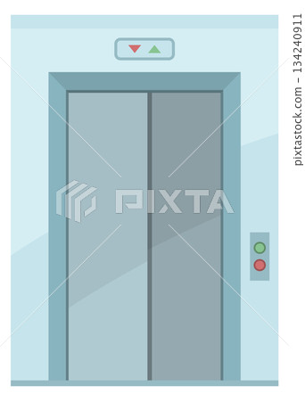 A blue and silver elevator with a red and green sign on the wall A blue and silver elevator with a red and green sign on the wall 134240911