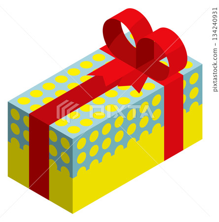 A yellow and blue box with a red ribbon on top A yellow and blue box with a red ribbon on top 134240931