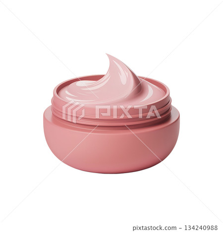 Pink cosmetic cream or moisturizer in open jar with delicate swirl, showcasing skincare, beauty products, self-care concepts on isolated background Pink cosmetic cream or moisturizer in open jar with delicate swirl, showcasing skincare, beauty products, self-care concepts on isolated background 134240988