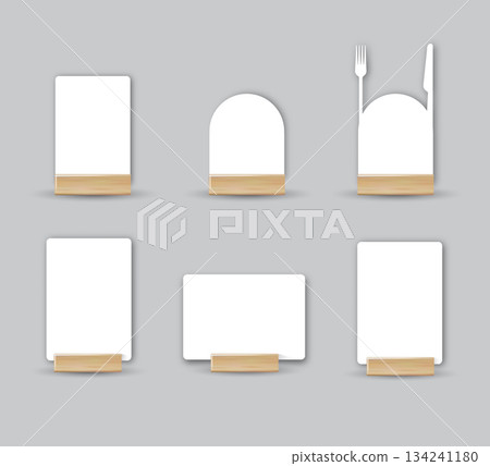 Card table menu holder stand mockup. Paper flyer mock up template. Event promotion wooden frame. Restaurant label. Vector 134241180