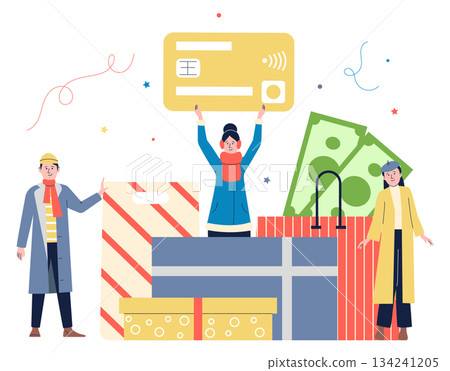 A group of people are holding a gift box and a credit card 134241205