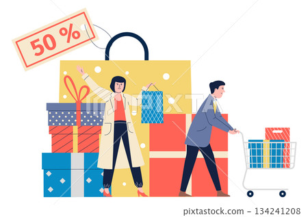 A man and a woman are shopping in a store with a 50 off sign A man and a woman are shopping in a store with a 50 off sign 134241208