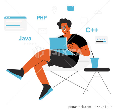 A man is sitting on a chair with a laptop in front of him 134241228