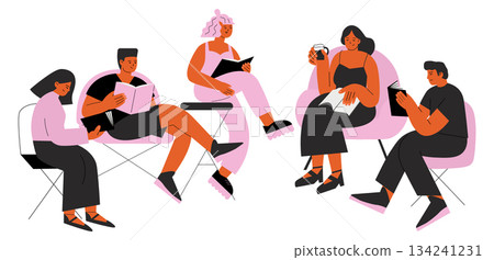 A group of people are sitting together and reading books A group of people are sitting together and reading books 134241231