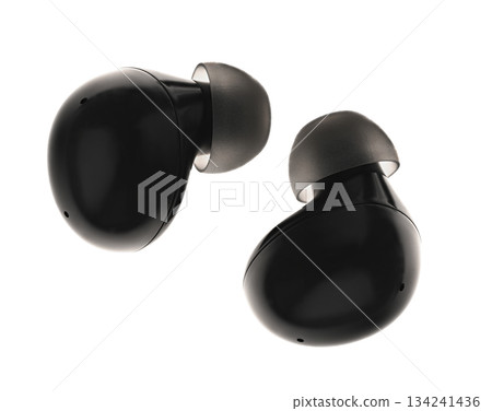 Two earbuds with black ear tips Two earbuds with black ear tips 134241436