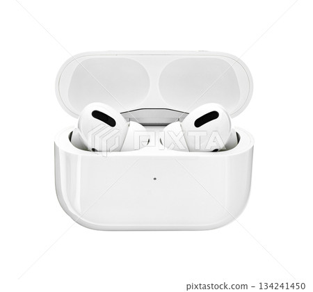 A pair of white earbuds with a white case A pair of white earbuds with a white case 134241450