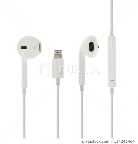 Two white earphones with a white cord 134241464