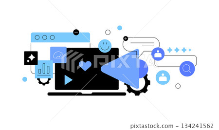 PC work and social media. Flat illustration 134241562