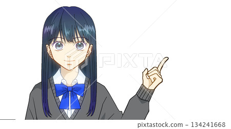 Anime-style illustration of a high school or junior high school girl explaining, guiding, or introducing, white background Anime-style illustration of a high school or junior high school girl explaining, guiding, or introducing, white background 134241668
