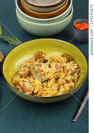 Meat Pilaf on a Serving Plate. Meat Pilaf on a Serving Plate. 134241675