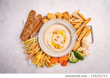 Various hummus dips, healthy and vegan snack 134241713
