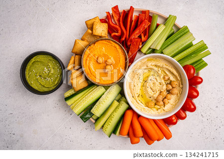 Various hummus dips, healthy and vegan snack 134241715