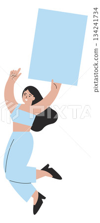 A woman is jumping in the air holding a sign 134241734