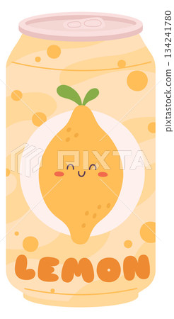 A cartoon can of lemonade with a smiling lemon on the label 134241780